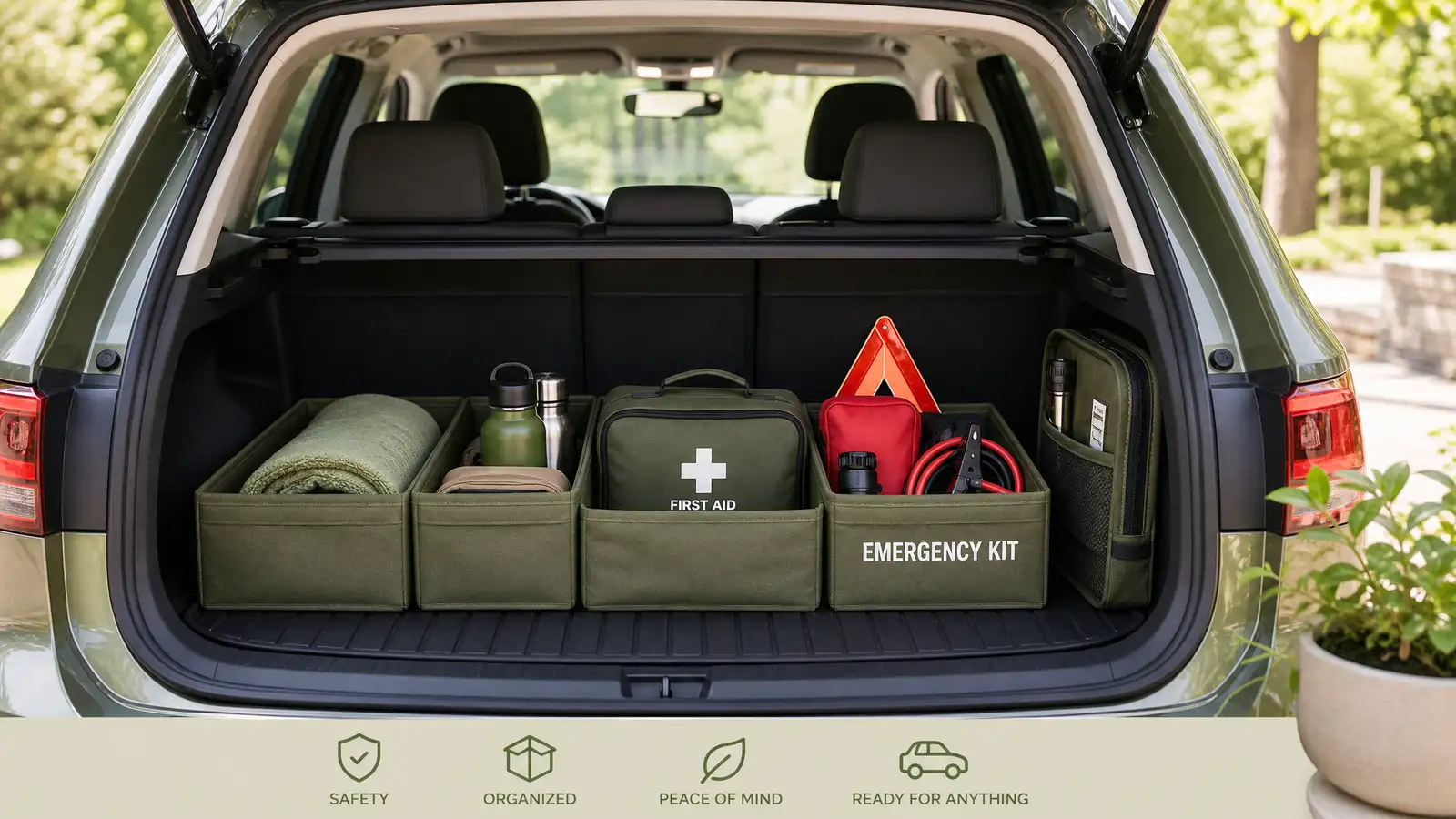 Organized car trunk with compartment storage, emergency kit, and reusable grocery bags
