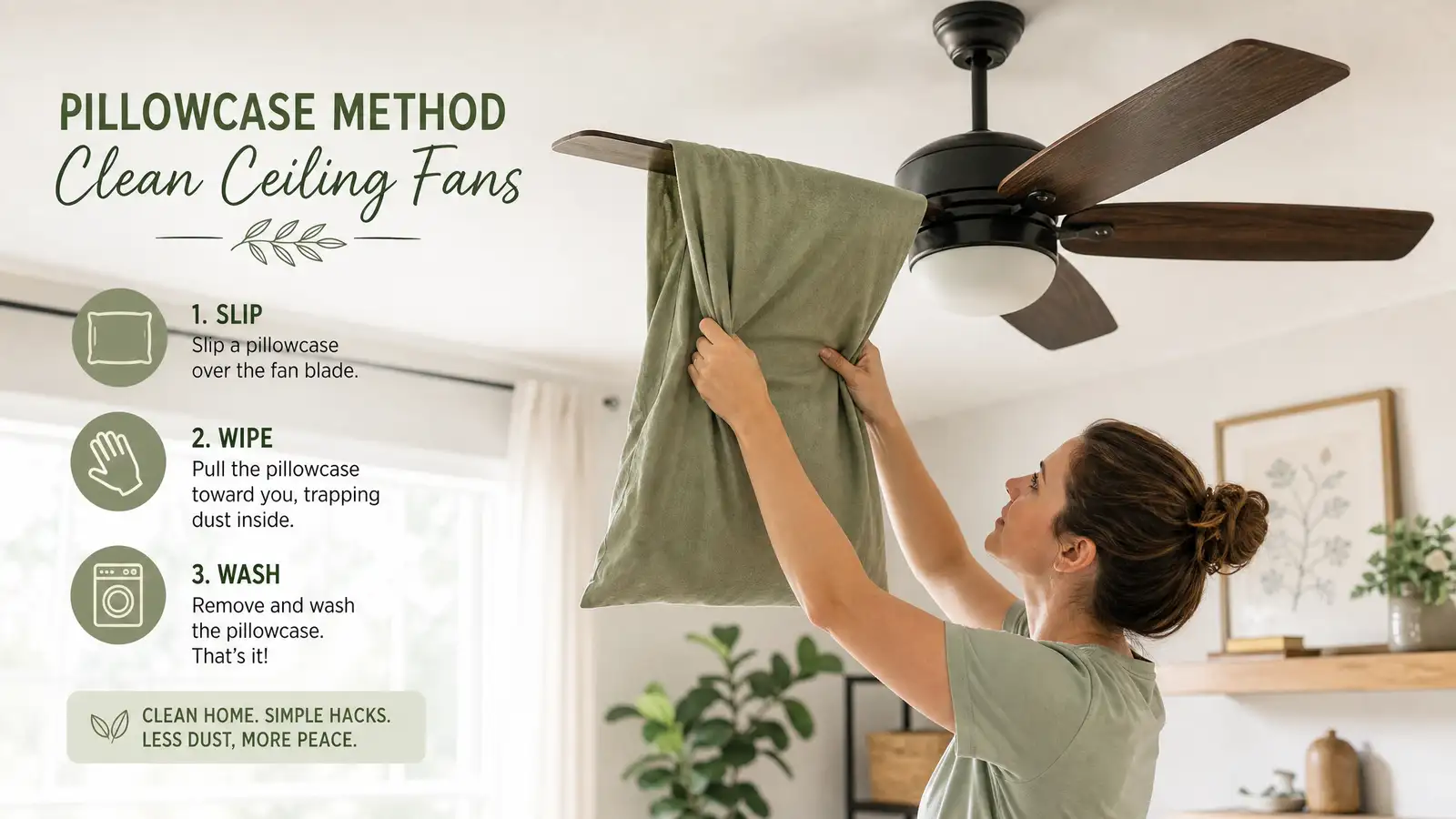 Person using the pillowcase method to clean a ceiling fan blade without dust falling