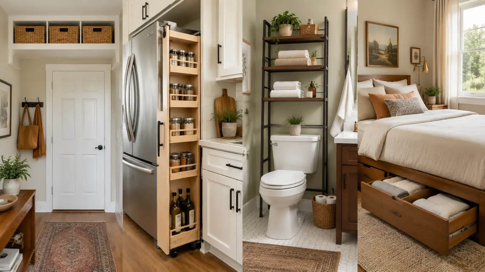 A modern home interior showing clever storage in dead spaces: above-door shelving with baskets, narrow cart beside a refrigerator, and organized under-bed drawers