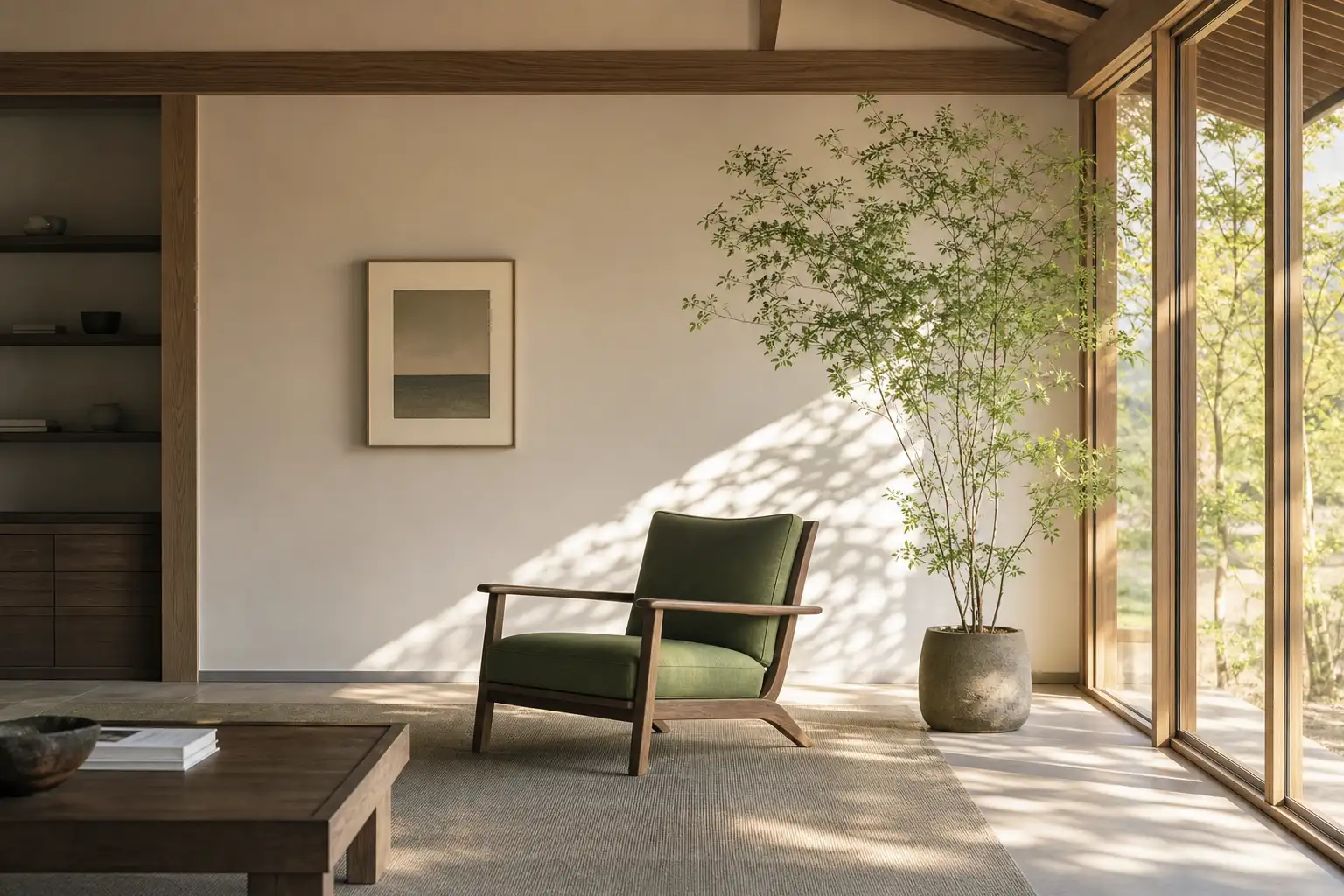 Minimalist living room with intentional empty surfaces and open space