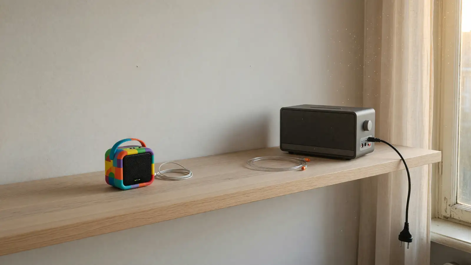 Small colorful portable speaker next to a larger wired speaker on a nearly empty shelf, late afternoon window light, no logos