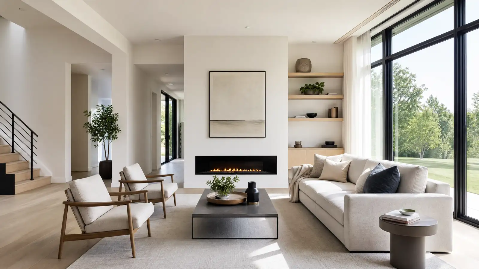 A bright, minimalist living room with purposeful furniture placement and natural light