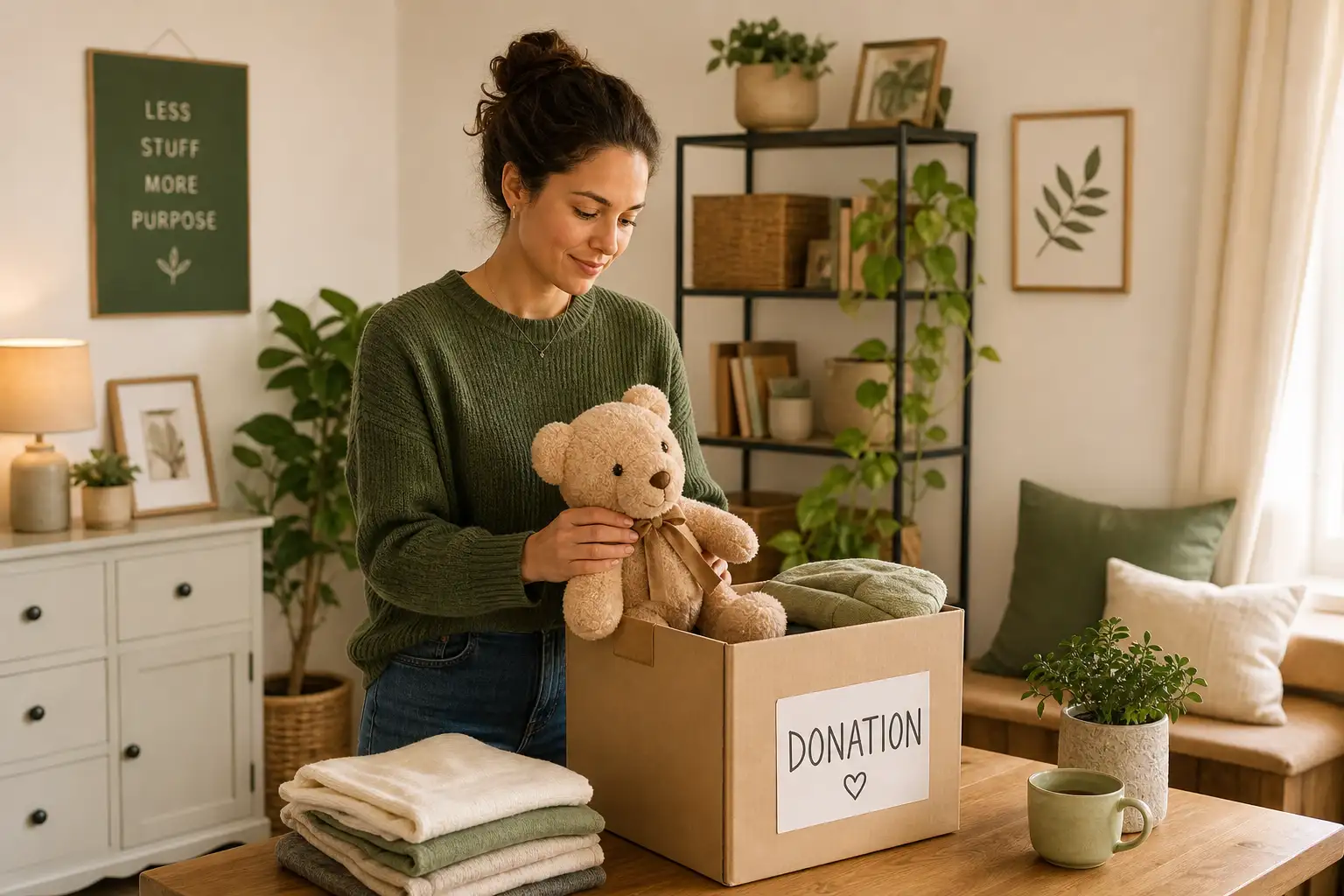 Person holding a sentimental item, considering whether to keep or donate it