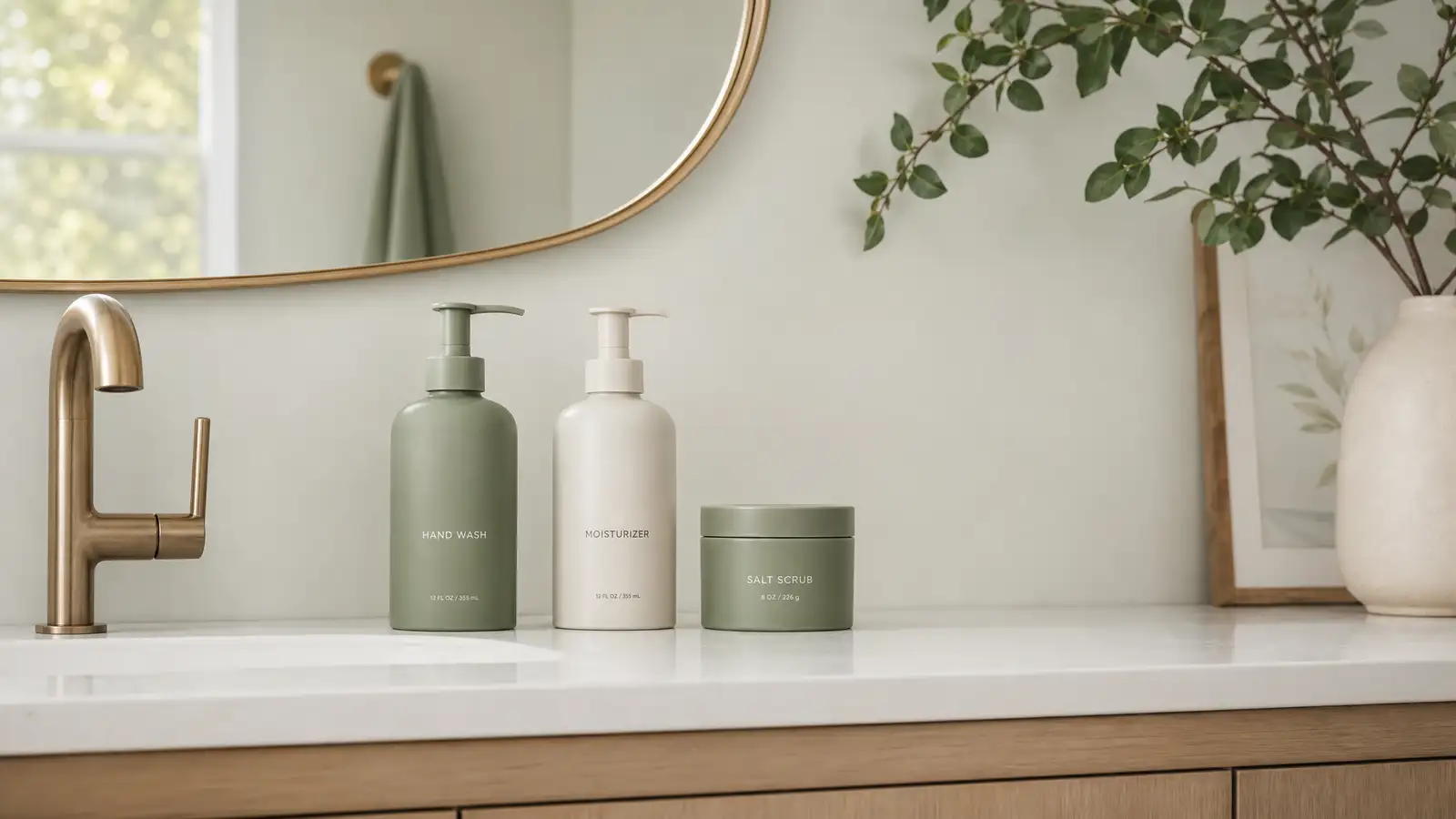 Clean minimalist bathroom counter with only a few essential products in clear acrylic drawers