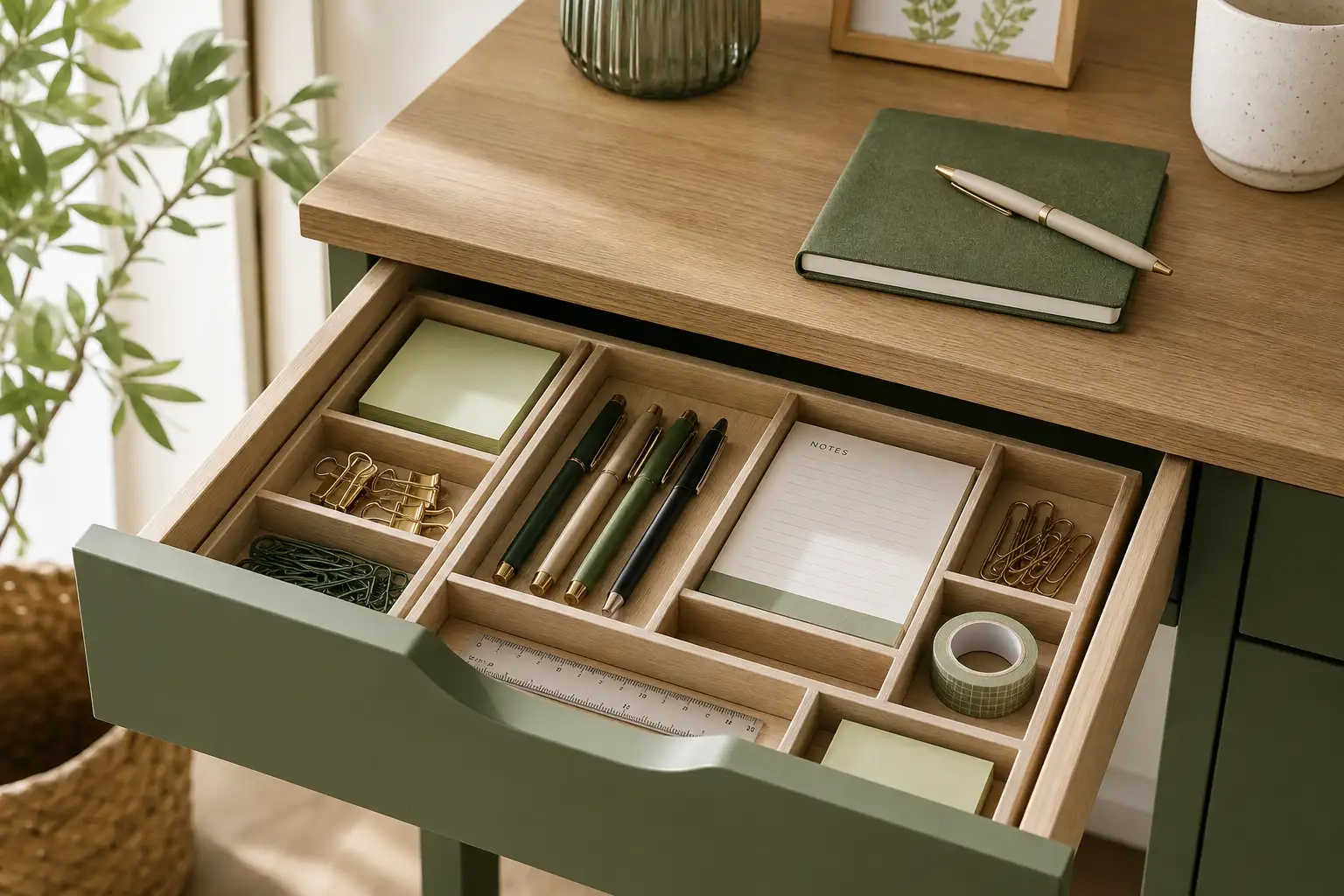 Neatly organized desk drawer with dividers and labeled sections