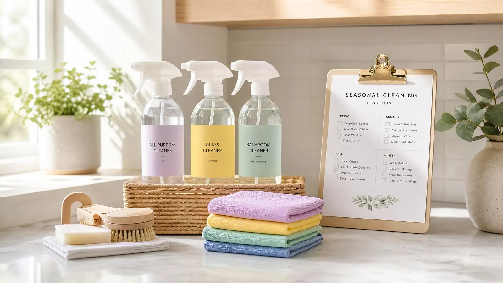 Clean kitchen counter with organized seasonal cleaning supplies, spray bottles, microfiber cloths, and a checklist clipboard in soft morning sunlight