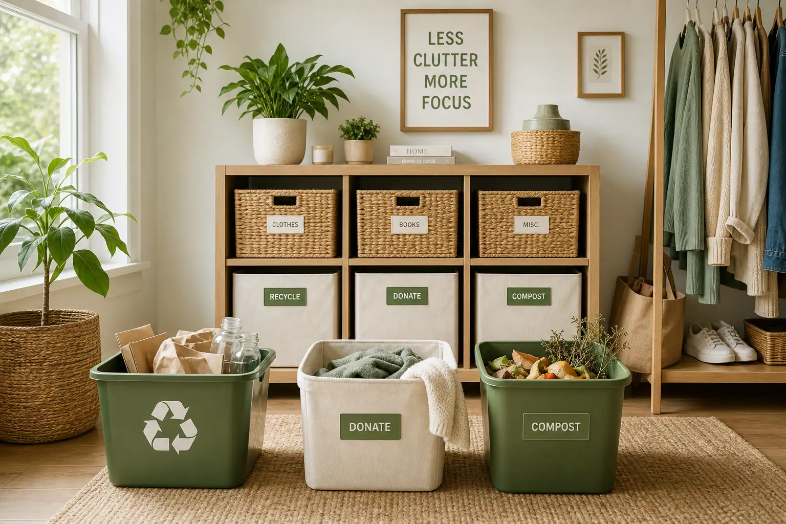 A neatly arranged donation box with folded clothes, books, and household items next to a recycling bin with labels, sunlight streaming through a window