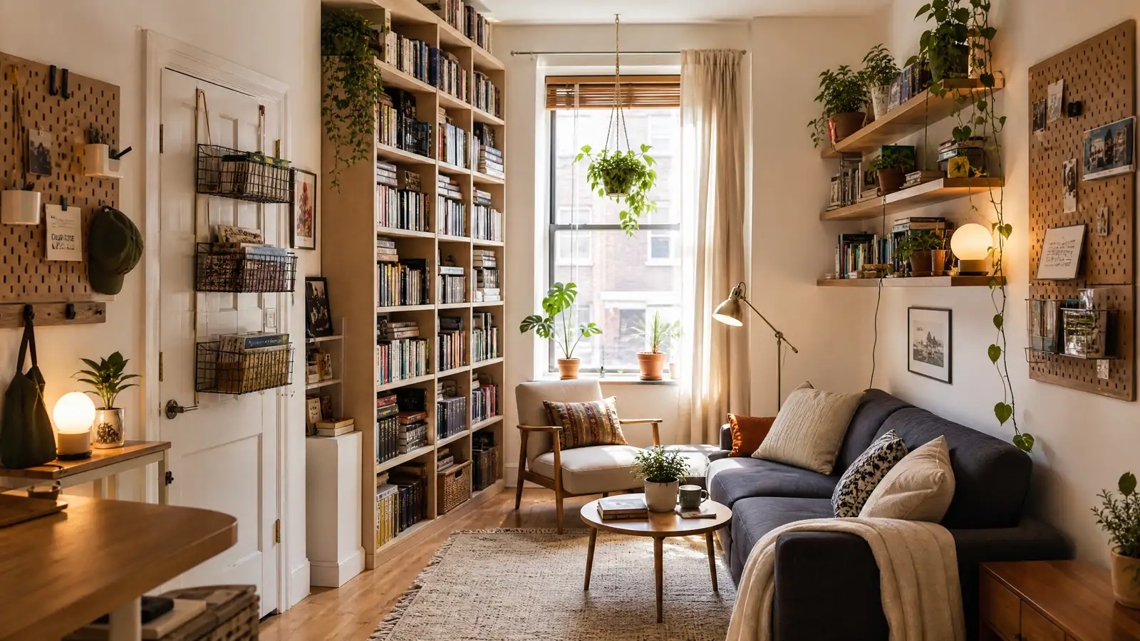 A small apartment living room with tall bookshelves, wall-mounted shelving, and over-door organizers maximizing vertical space